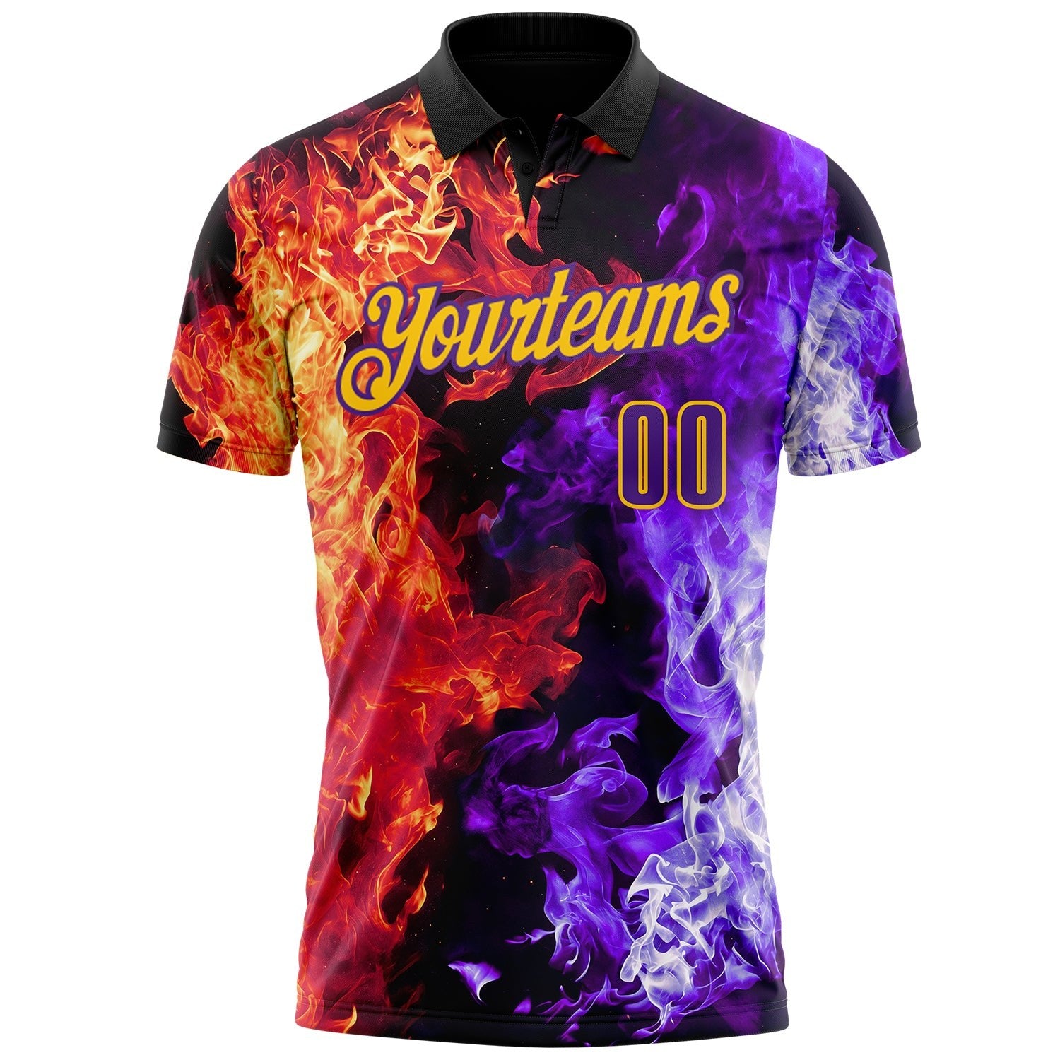 Custom Black Purple Red-Yellow Flame Split Fire Performance Polo Shirt photo 2