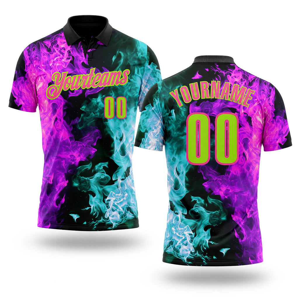 Custom Black Neon Green Ice Blue Purple-Pink Flame Split Fire Performance Polo Shirt