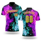 Custom Black Neon Green Ice Blue Purple-Pink Flame Split Fire Performance Polo Shirt