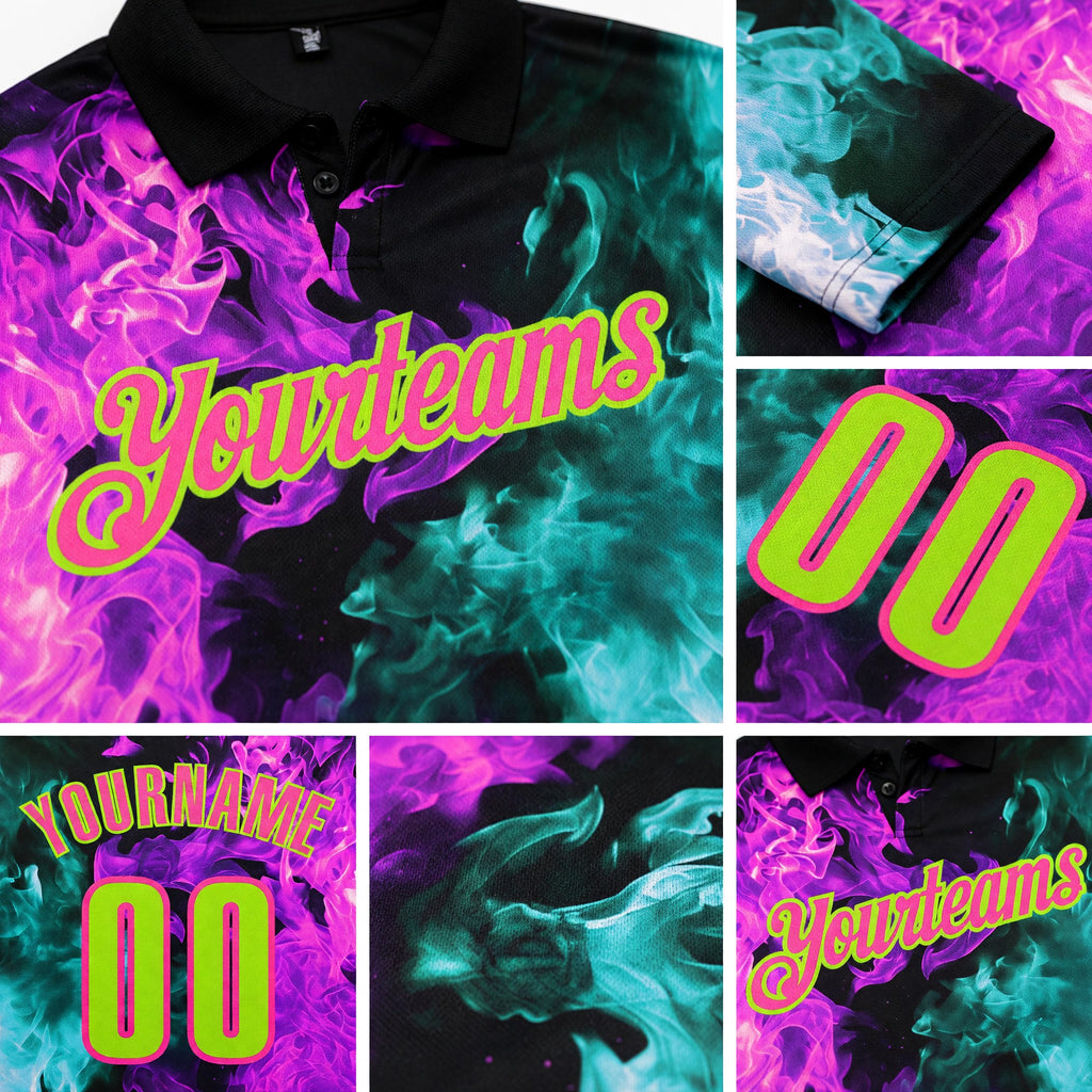 Custom Black Neon Green Ice Blue Purple-Pink Flame Split Fire Performance Polo Shirt detail