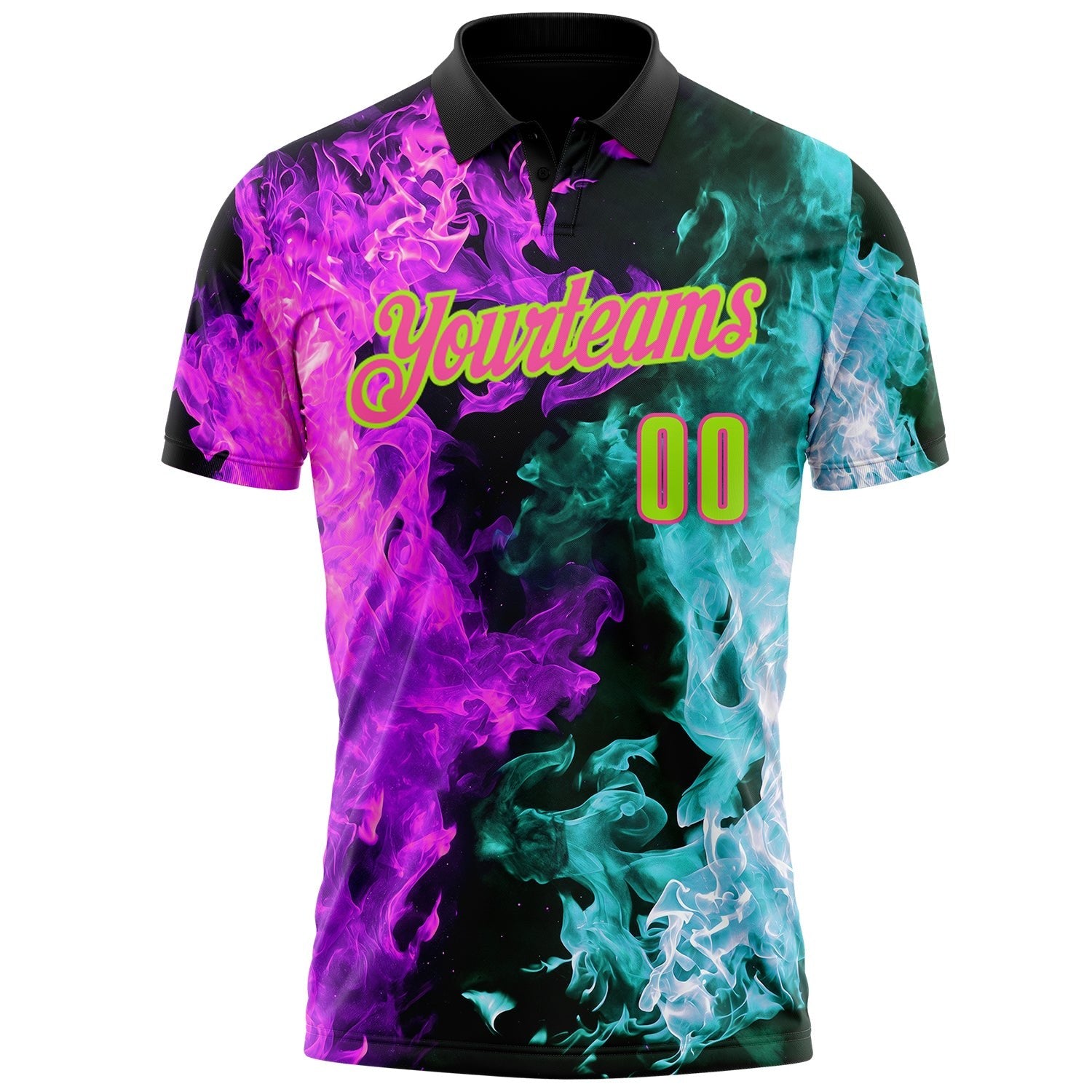 Custom Black Neon Green Ice Blue Purple-Pink Flame Split Fire Performance Polo Shirt photo 1