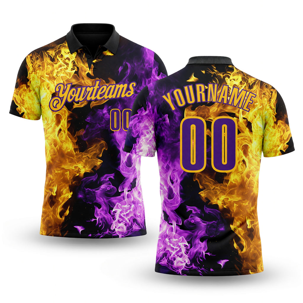 Custom Black Purple-Yellow Flame Split Fire Performance Polo Shirt