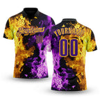 Custom Black Purple-Yellow Flame Split Fire Performance Polo Shirt