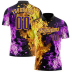 Custom Black Purple-Yellow Flame Split Fire Performance Polo Shirt photo 1