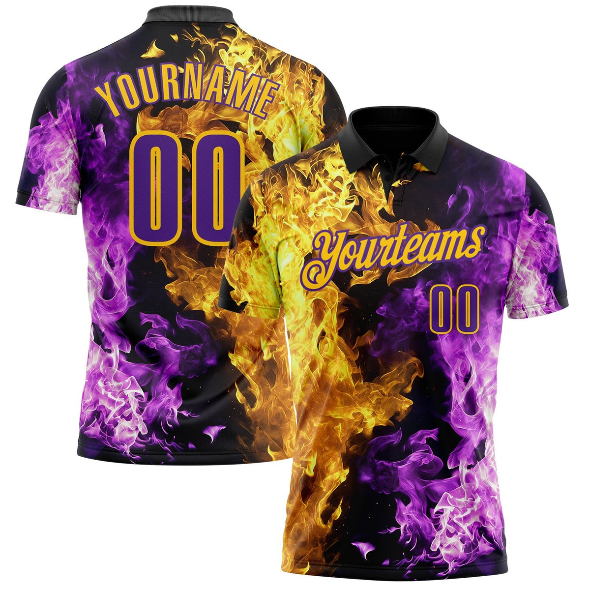 Custom Black Purple-Yellow Flame Split Fire Performance Polo Shirt photo 1