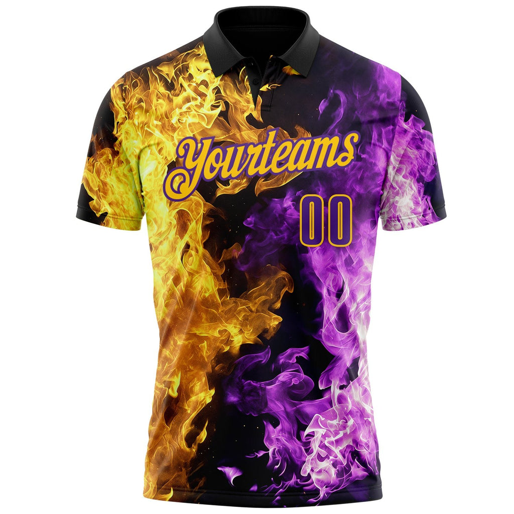 Custom Black Purple-Yellow Flame Split Fire Performance Polo Shirt photo 2