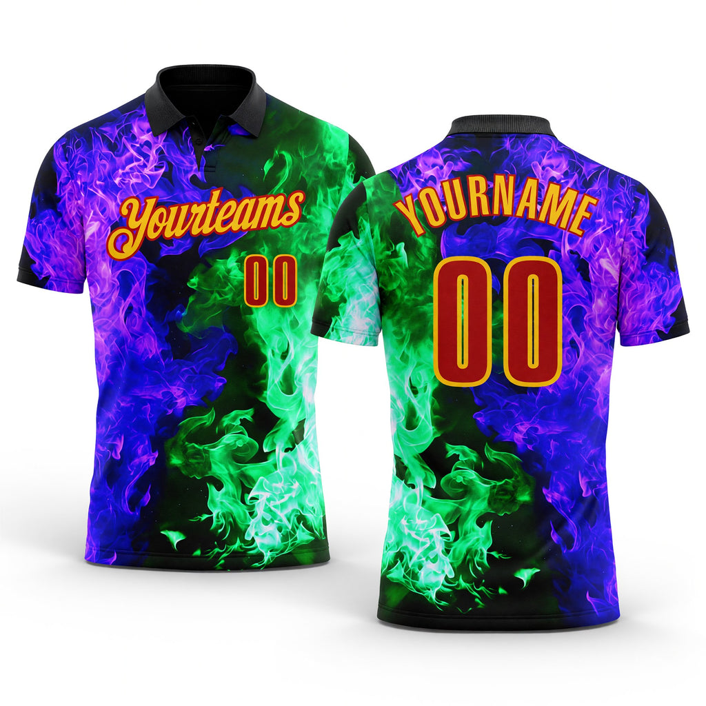 Custom Black Red Green Purple-Yellow Flame Split Fire Performance Polo Shirt