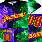Custom Black Red Green Purple-Yellow Flame Split Fire Performance Polo Shirt detail