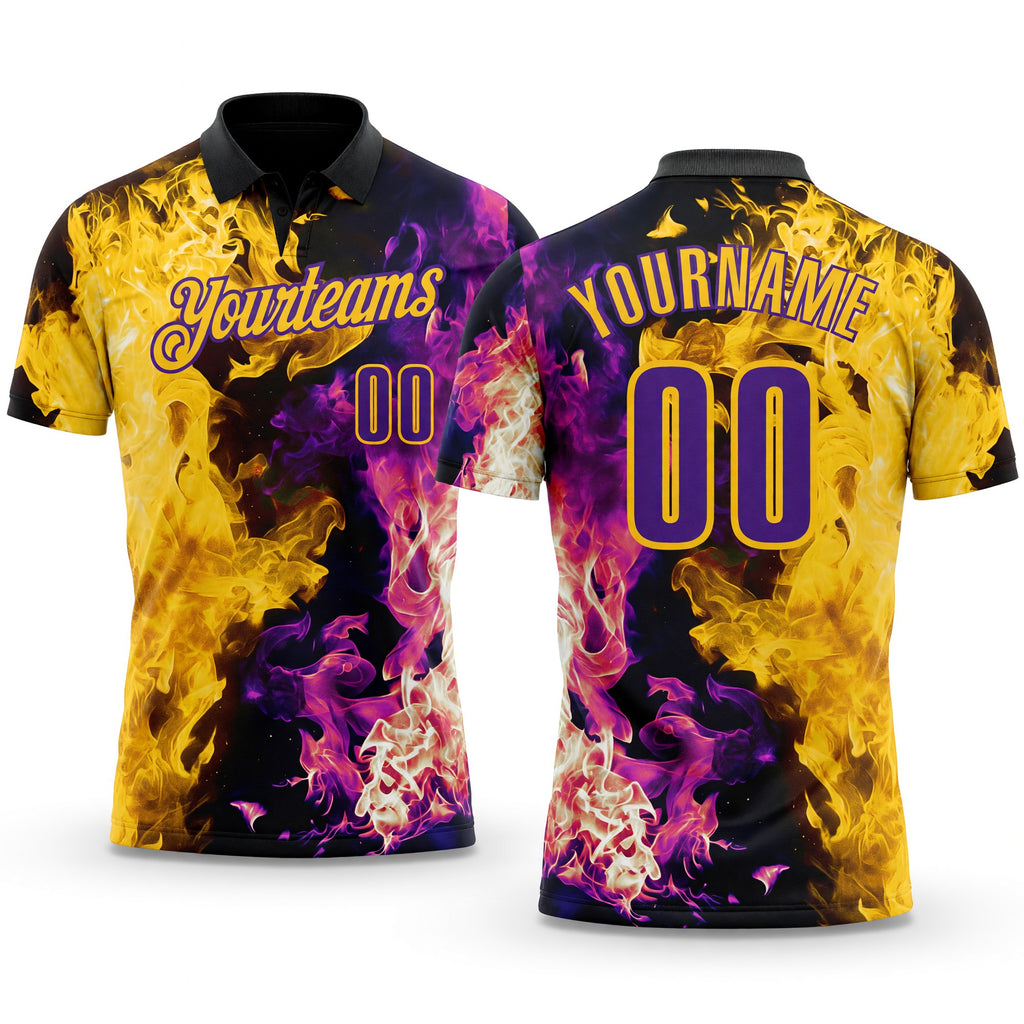Custom Black Purple-Yellow Flame Split Fire Performance Polo Shirt