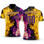 Custom Black Purple-Yellow Flame Split Fire Performance Polo Shirt