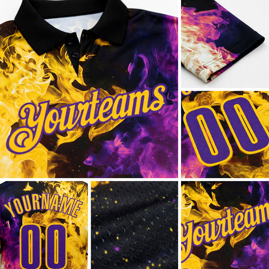 Custom Black Purple-Yellow Flame Split Fire Performance Polo Shirt detail