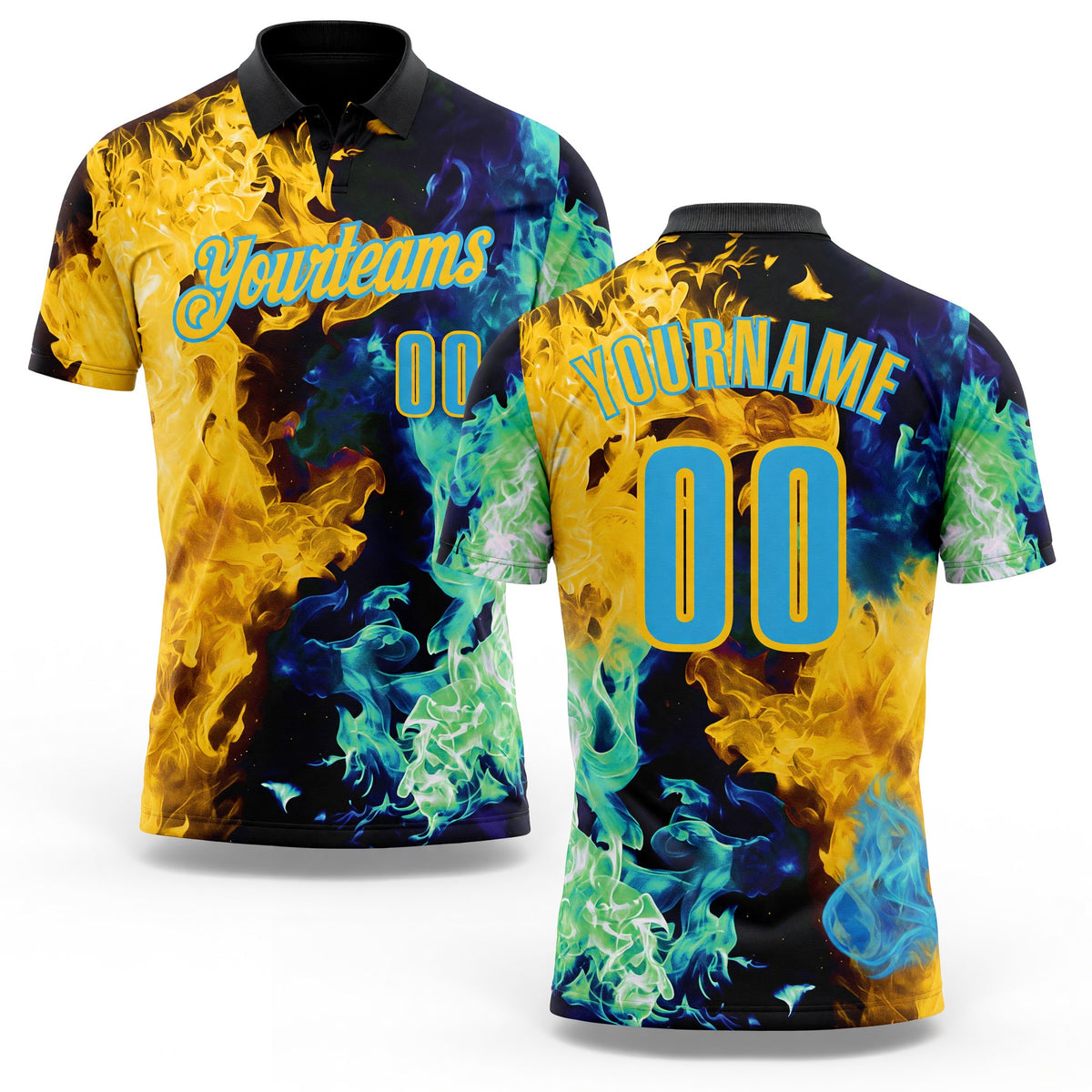 Custom Black Sky Blue Green-Yellow Flame Split Fire Performance Polo Shirt