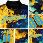 Custom Black Sky Blue Green-Yellow Flame Split Fire Performance Polo Shirt detail