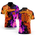 Custom Black Red Hot Pink-Yellow Flame Split Fire Performance Polo Shirt