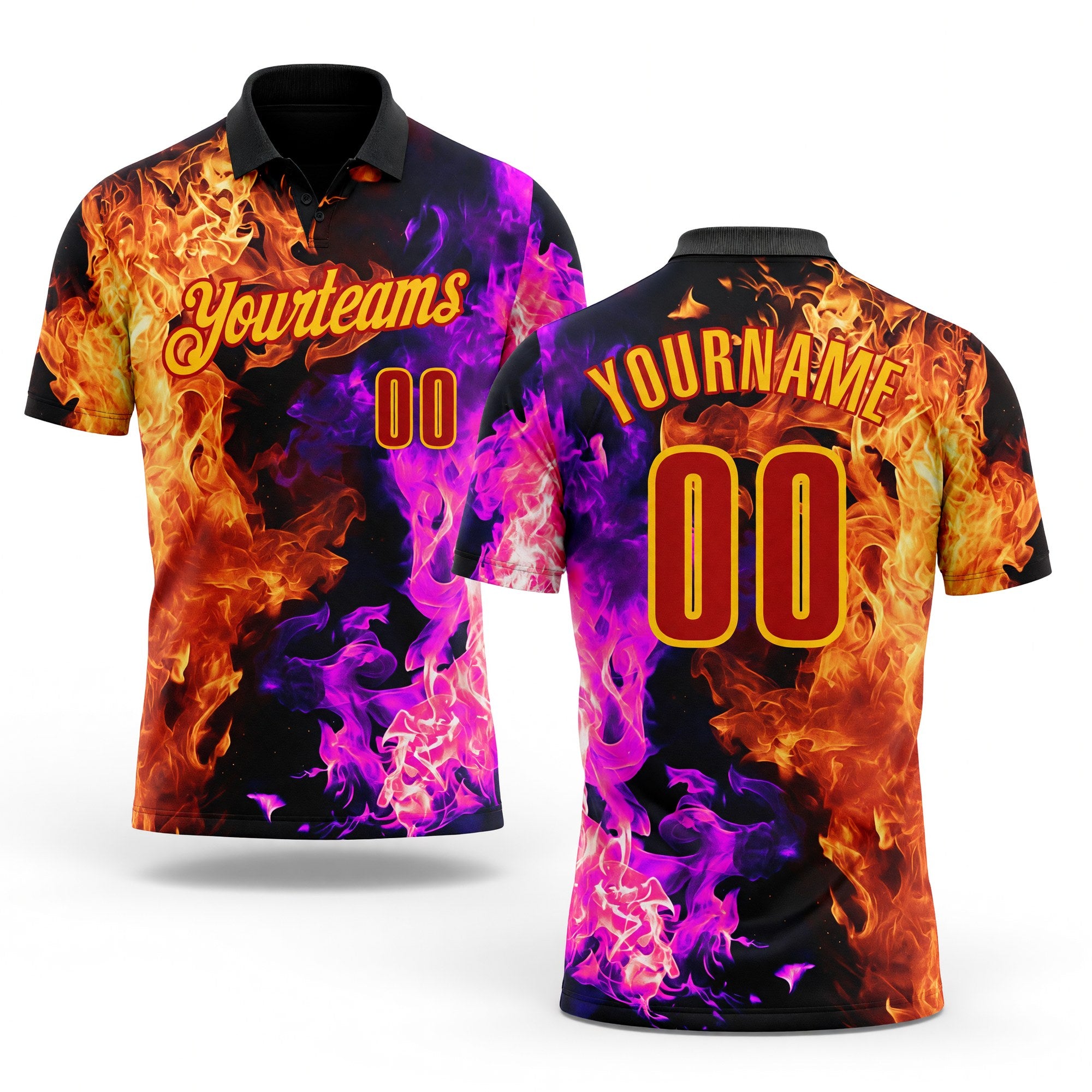 Custom Black Red Hot Pink-Yellow Flame Split Fire Performance Polo Shirt