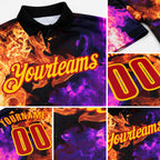 Custom Black Red Hot Pink-Yellow Flame Split Fire Performance Polo Shirt detail