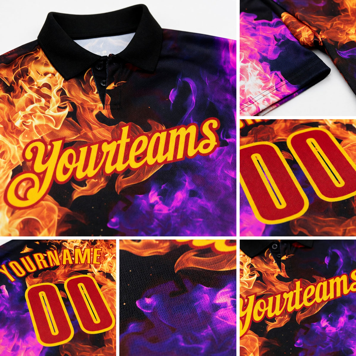 Custom Black Red Hot Pink-Yellow Flame Split Fire Performance Polo Shirt detail