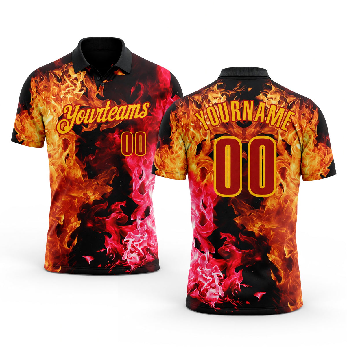 Custom Black Red-Yellow Flame Split Fire Performance Polo Shirt