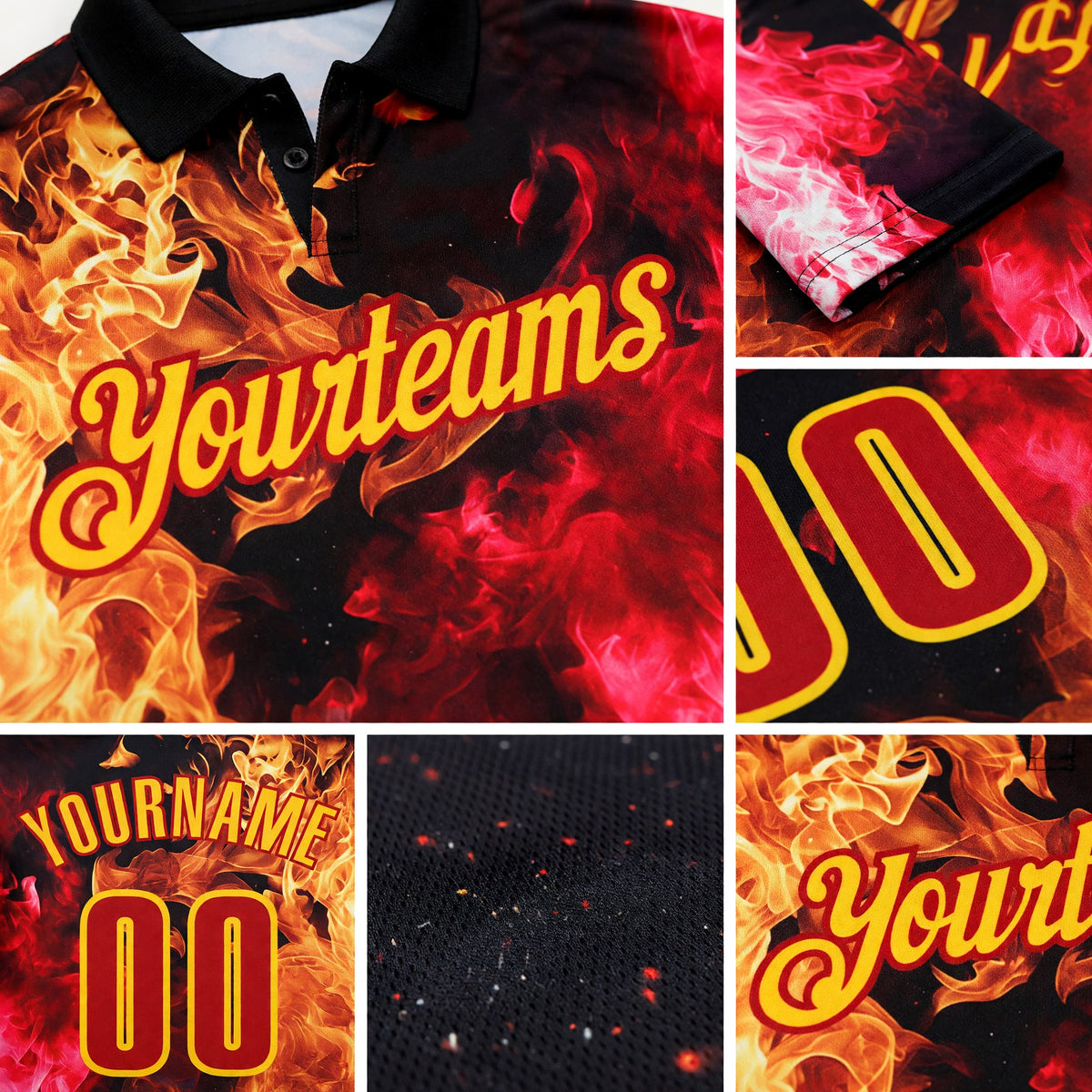 Custom Black Red-Yellow Flame Split Fire Performance Polo Shirt detail