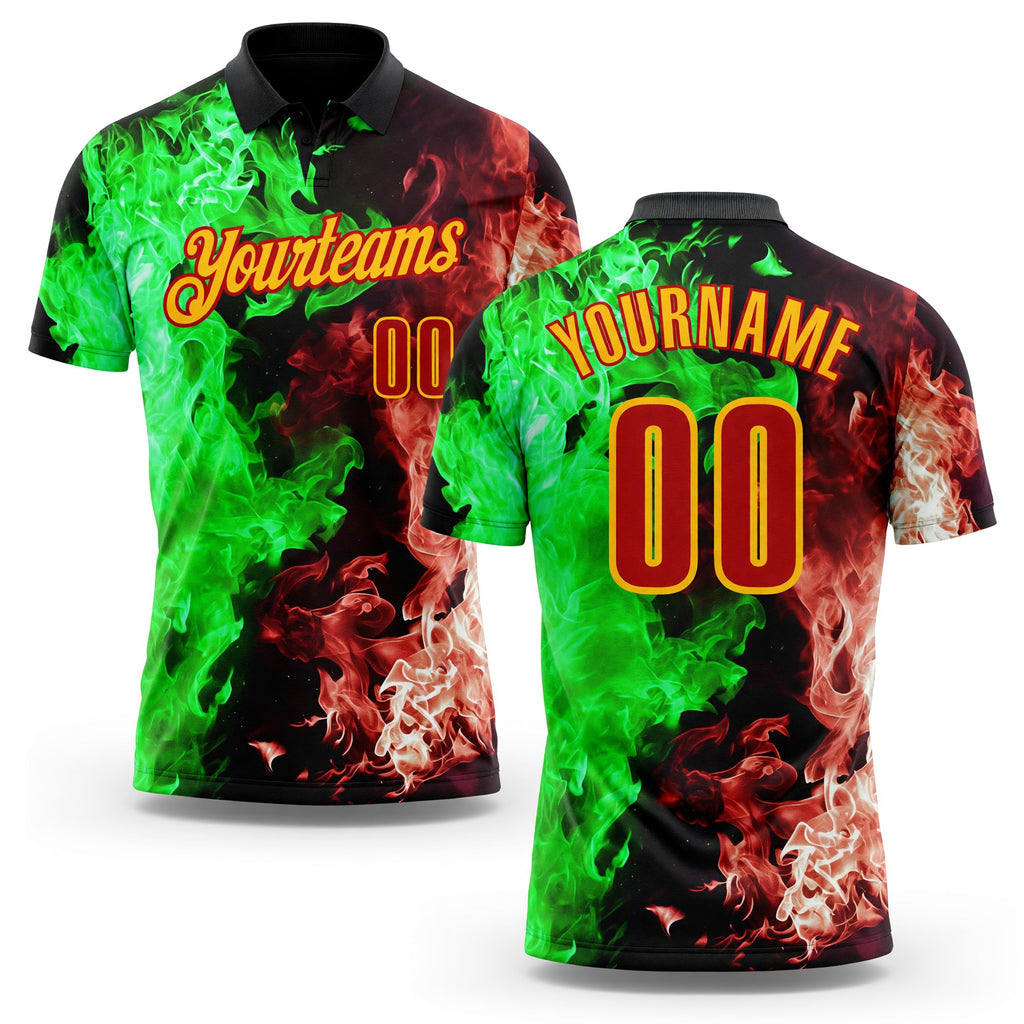Custom Black Red Green-Yellow Flame Split Fire Performance Polo Shirt