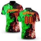 Custom Black Red Green-Yellow Flame Split Fire Performance Polo Shirt