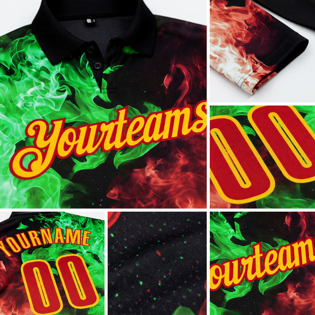 Custom Black Red Green-Yellow Flame Split Fire Performance Polo Shirt detail