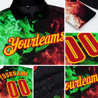 Custom Black Red Green-Yellow Flame Split Fire Performance Polo Shirt detail