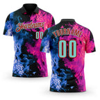 Custom Black Ice Blue Blue-Red Flame Split Fire Performance Polo Shirt