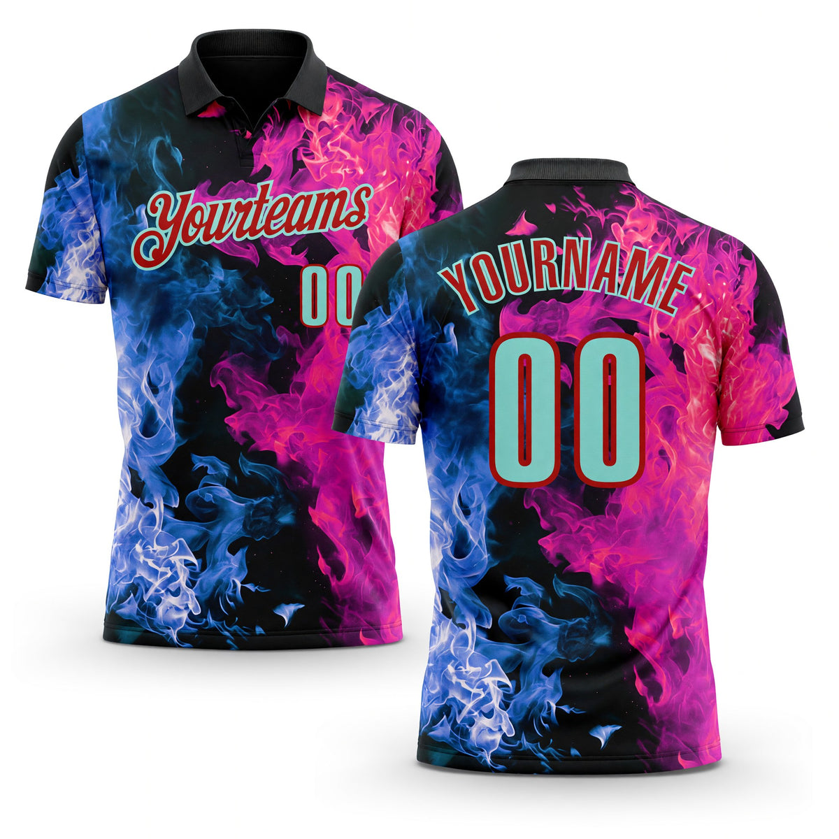 Custom Black Ice Blue Blue-Red Flame Split Fire Performance Polo Shirt