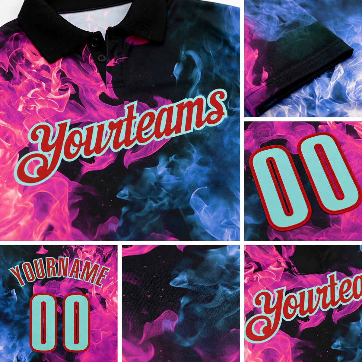 Custom Black Ice Blue Blue-Red Flame Split Fire Performance Polo Shirt detail