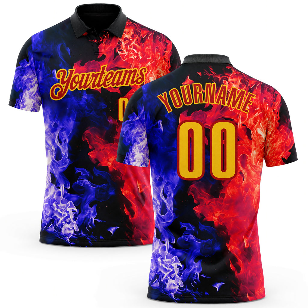 Custom Black Yellow Blue-Red Flame Split Fire Performance Polo Shirt