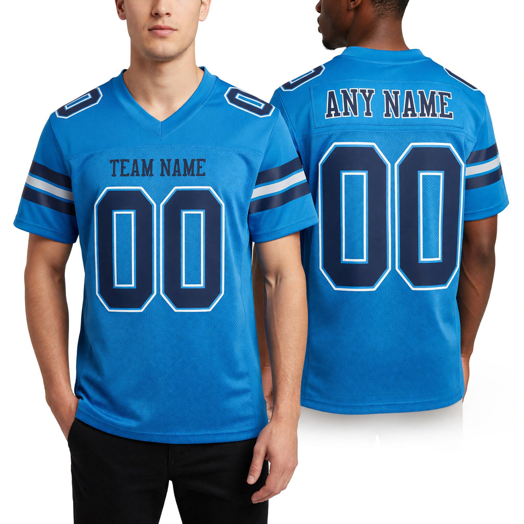 Custom Powder Blue Navy-White Mesh Authentic Football Jersey worn front and back
