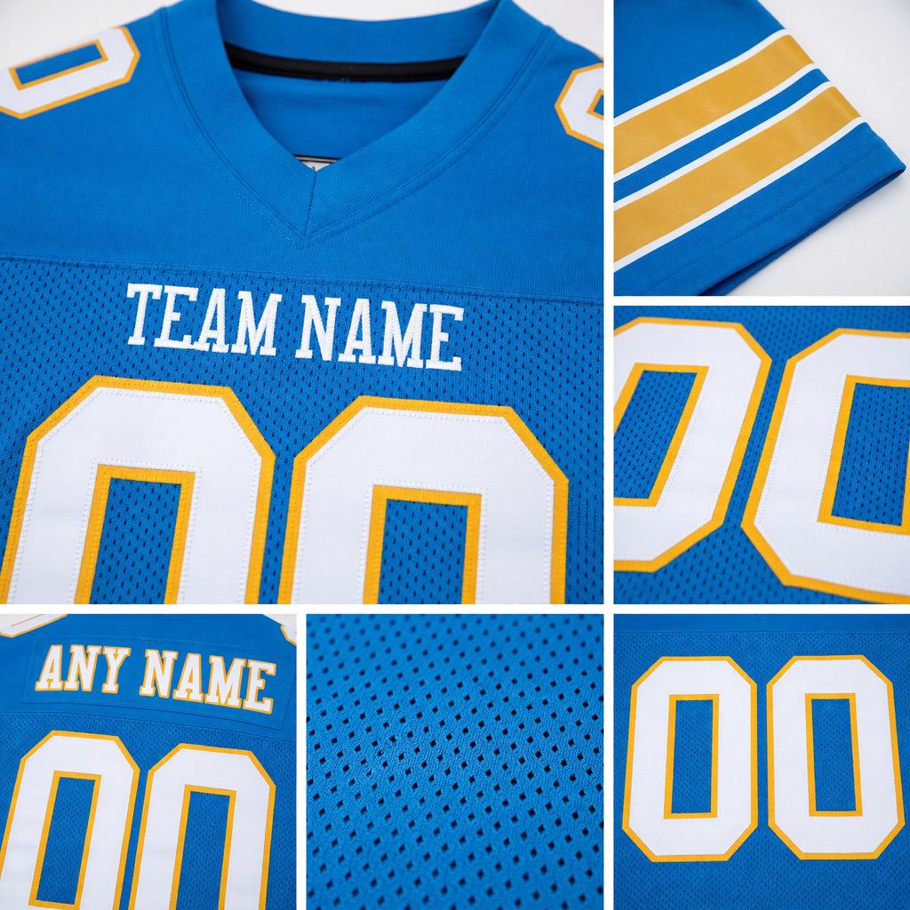 Custom Powder Blue White-Gold Mesh Authentic Football Jersey detail