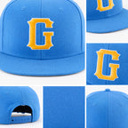 Custom Powder Blue Gold-White Stitched Adjustable Snapback Hat detail