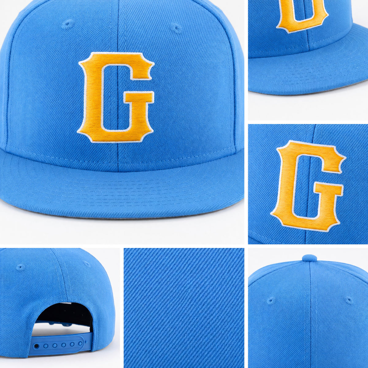 Custom Powder Blue Gold-White Stitched Adjustable Snapback Hat detail