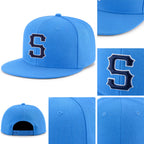 Custom Powder Blue Navy-White Stitched Adjustable Snapback Hat detail