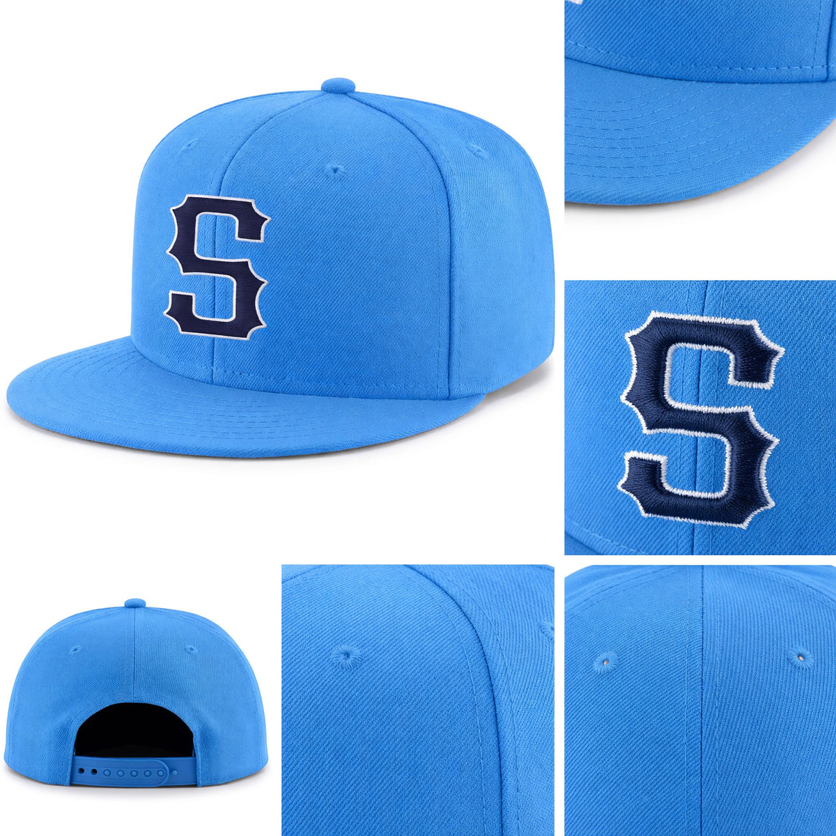 Custom Powder Blue Navy-White Stitched Adjustable Snapback Hat detail