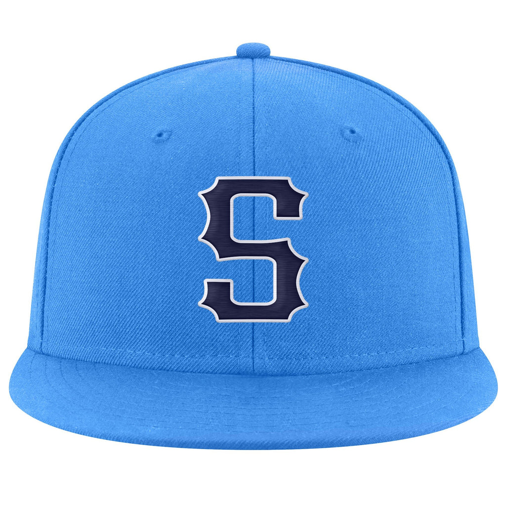 Custom Powder Blue Navy-White Stitched Adjustable Snapback Hat photo 2