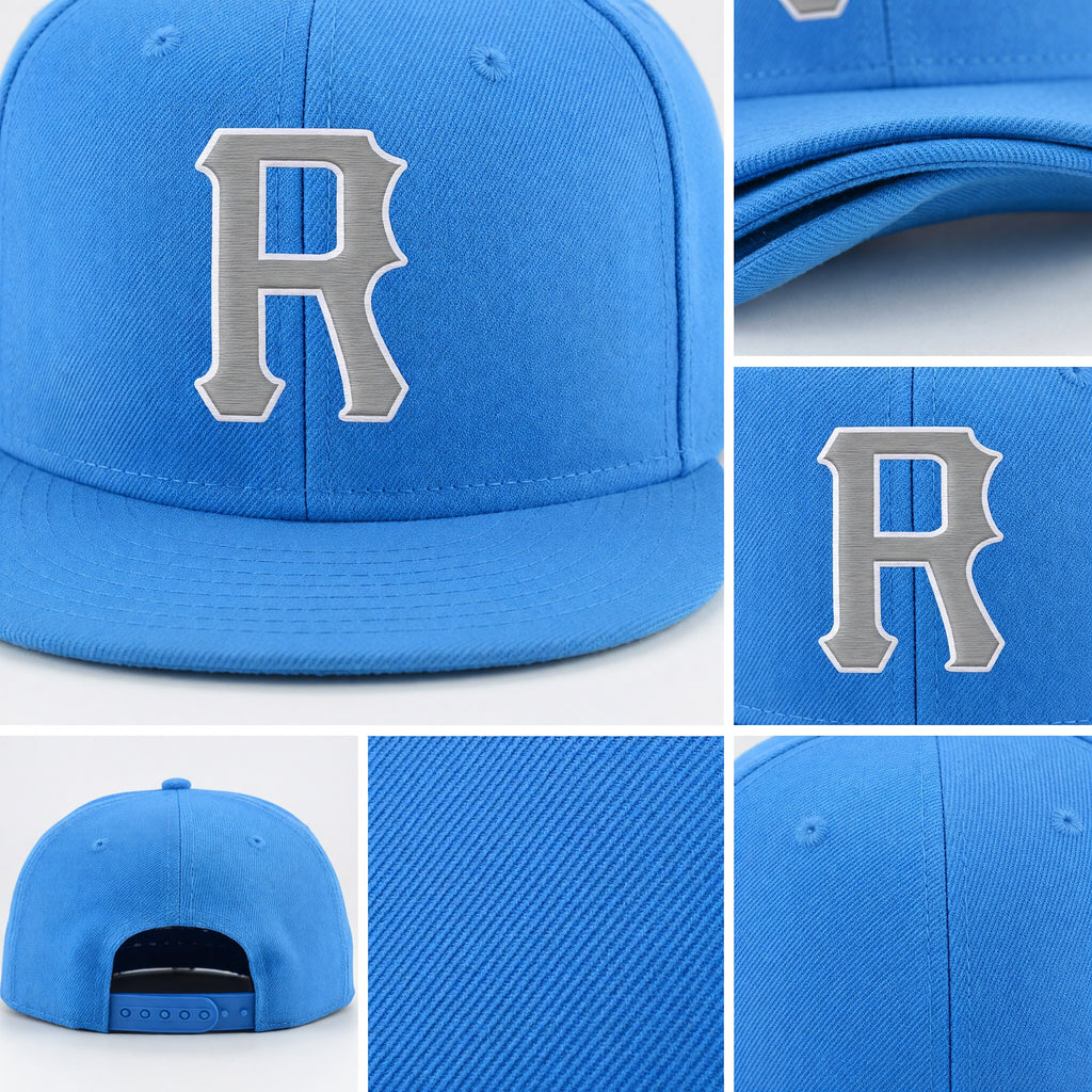 Custom Powder Blue Gray-White Stitched Adjustable Snapback Hat detail