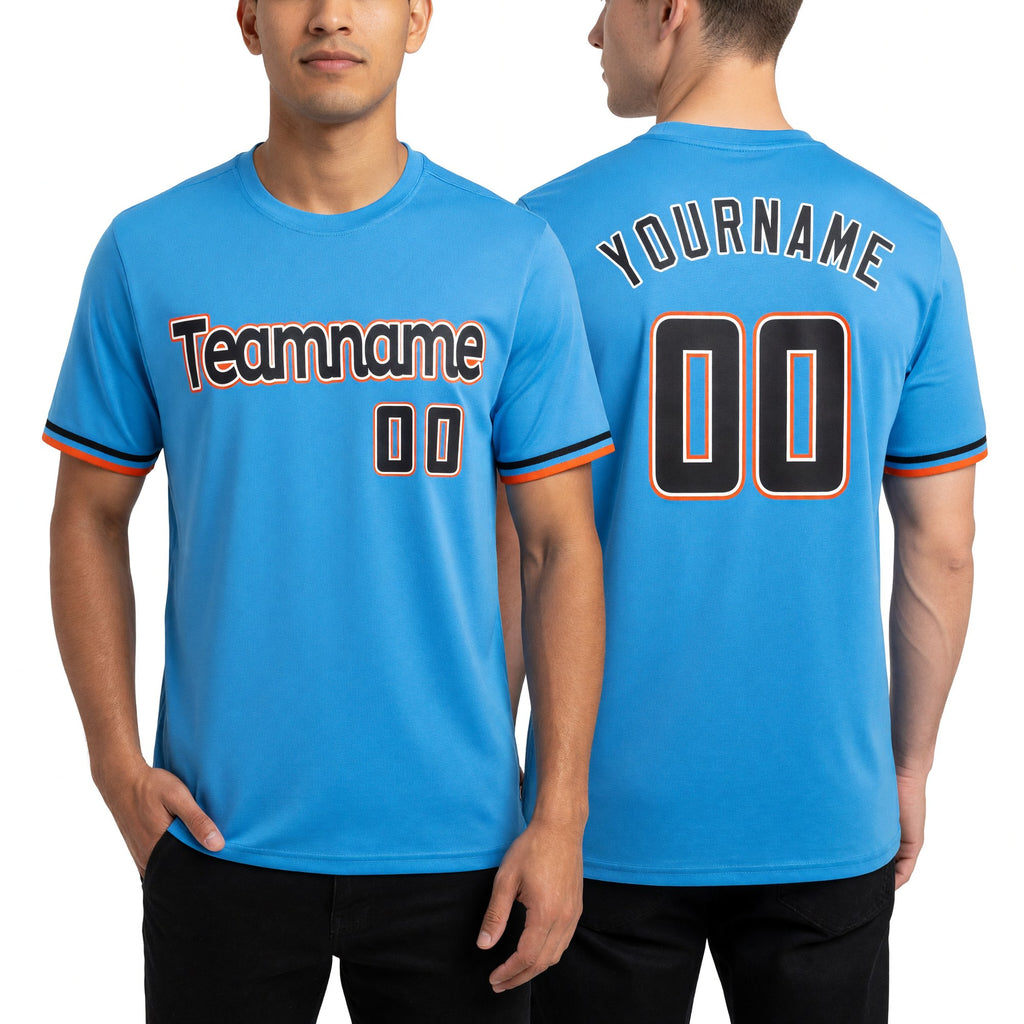 Custom Powder Blue Black-Orange Performance T-Shirt worn front and back