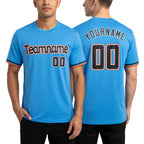 Custom Powder Blue Black-Orange Performance T-Shirt worn front and back