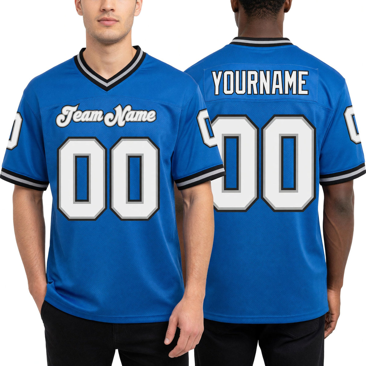Custom Powder Blue White-Black Mesh Authentic Throwback Football Jersey worn front and back