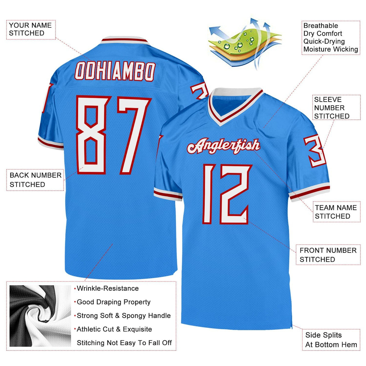 Custom Powder Blue White-Red Mesh Authentic Throwback Football Jersey photo 4