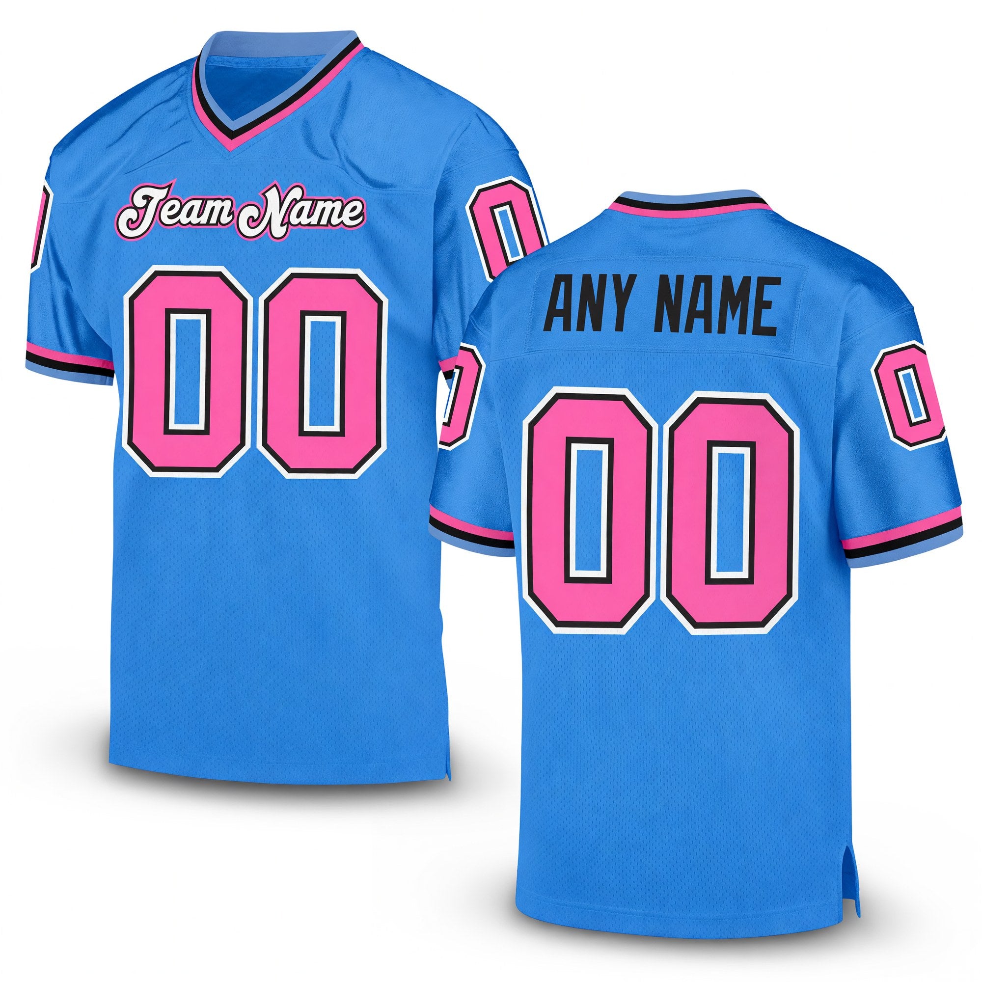 Custom Powder Blue Pink-Black Mesh Authentic Throwback Football Jersey