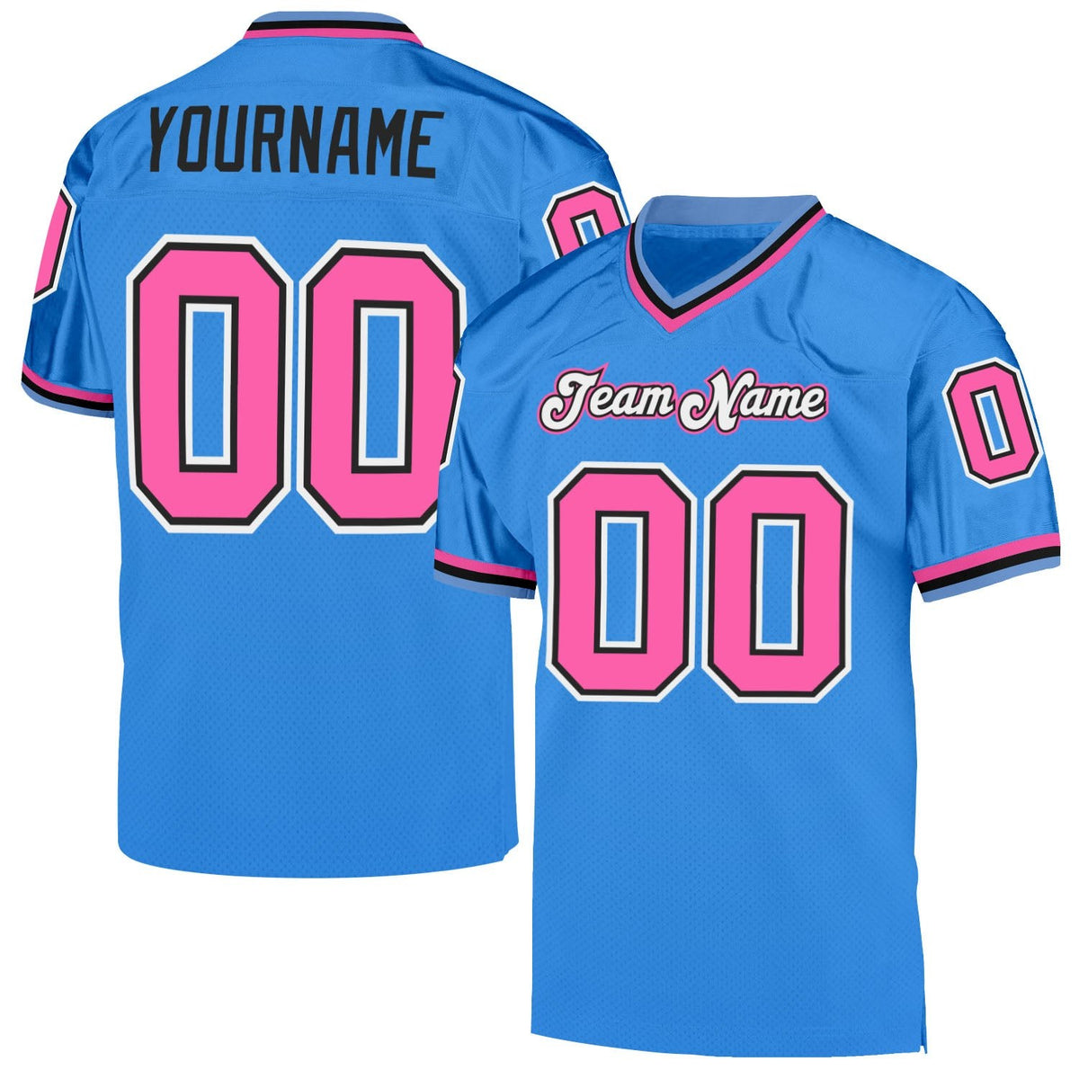 Custom Powder Blue Pink-Black Mesh Authentic Throwback Football Jersey photo 1