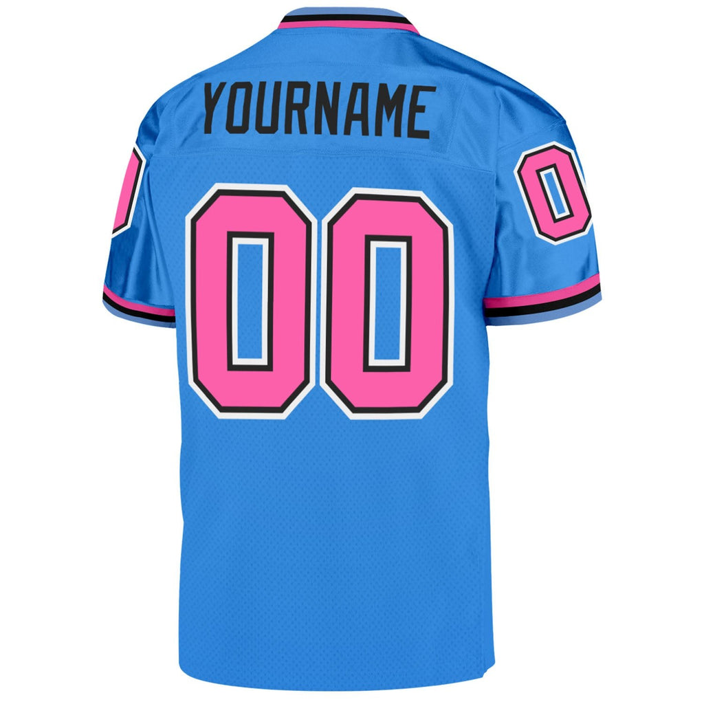 Custom Powder Blue Pink-Black Mesh Authentic Throwback Football Jersey photo 3
