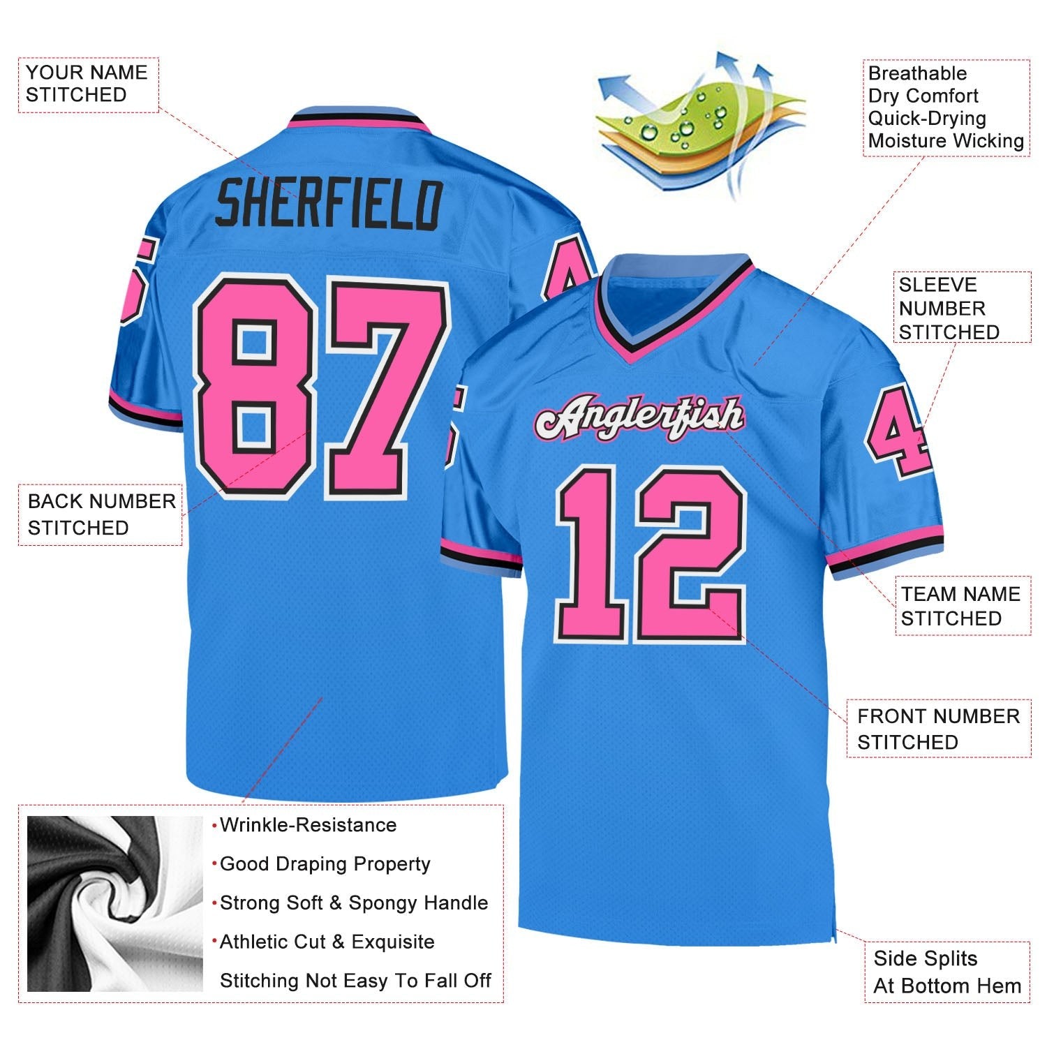 Custom Powder Blue Pink-Black Mesh Authentic Throwback Football Jersey photo 4