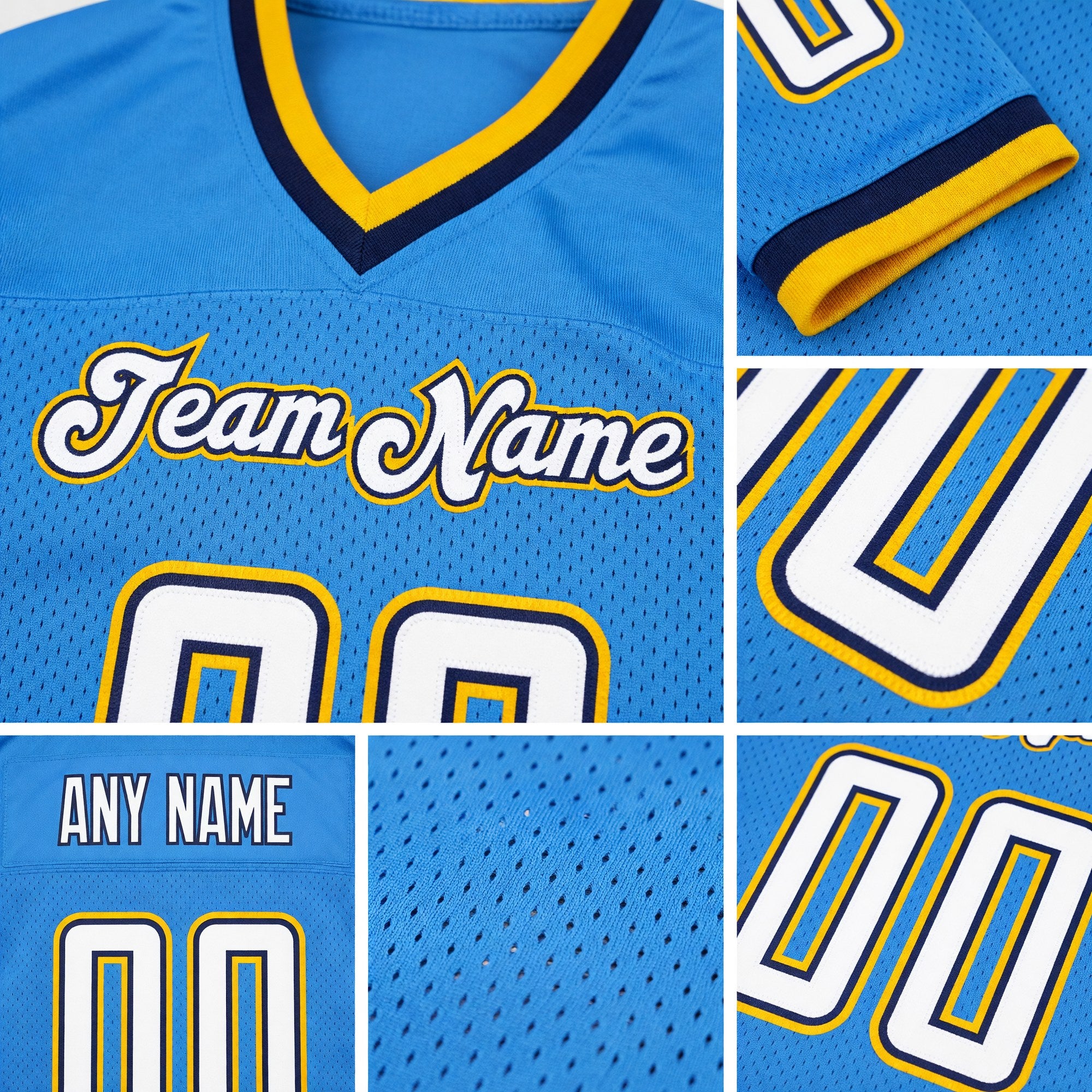 Custom Powder Blue White-Navy Mesh Authentic Throwback Football Jersey detail