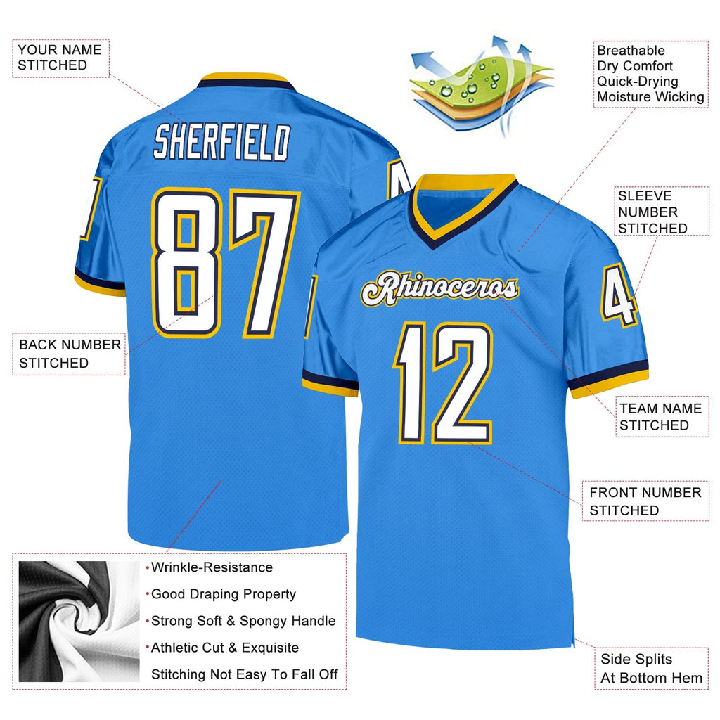 Custom Powder Blue White-Navy Mesh Authentic Throwback Football Jersey photo 4