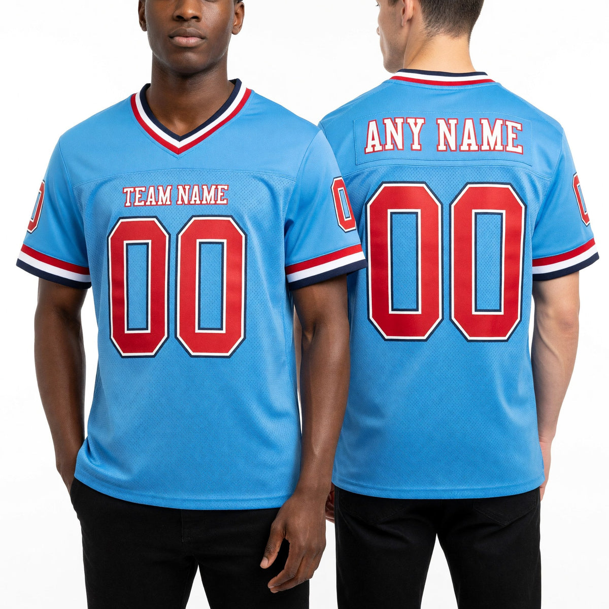 Custom Powder Blue Red-Navy Mesh Authentic Throwback Football Jersey worn front and back